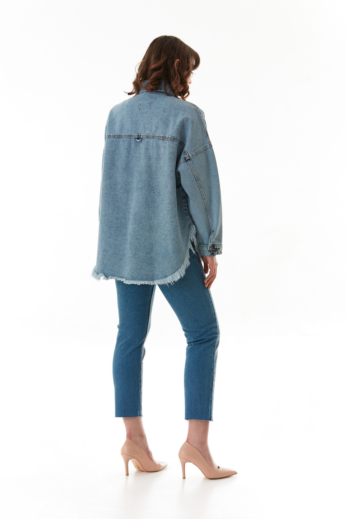 Fulla Moda-Stoned Tasseled Double Pocket Oversize Denim Jacket 6