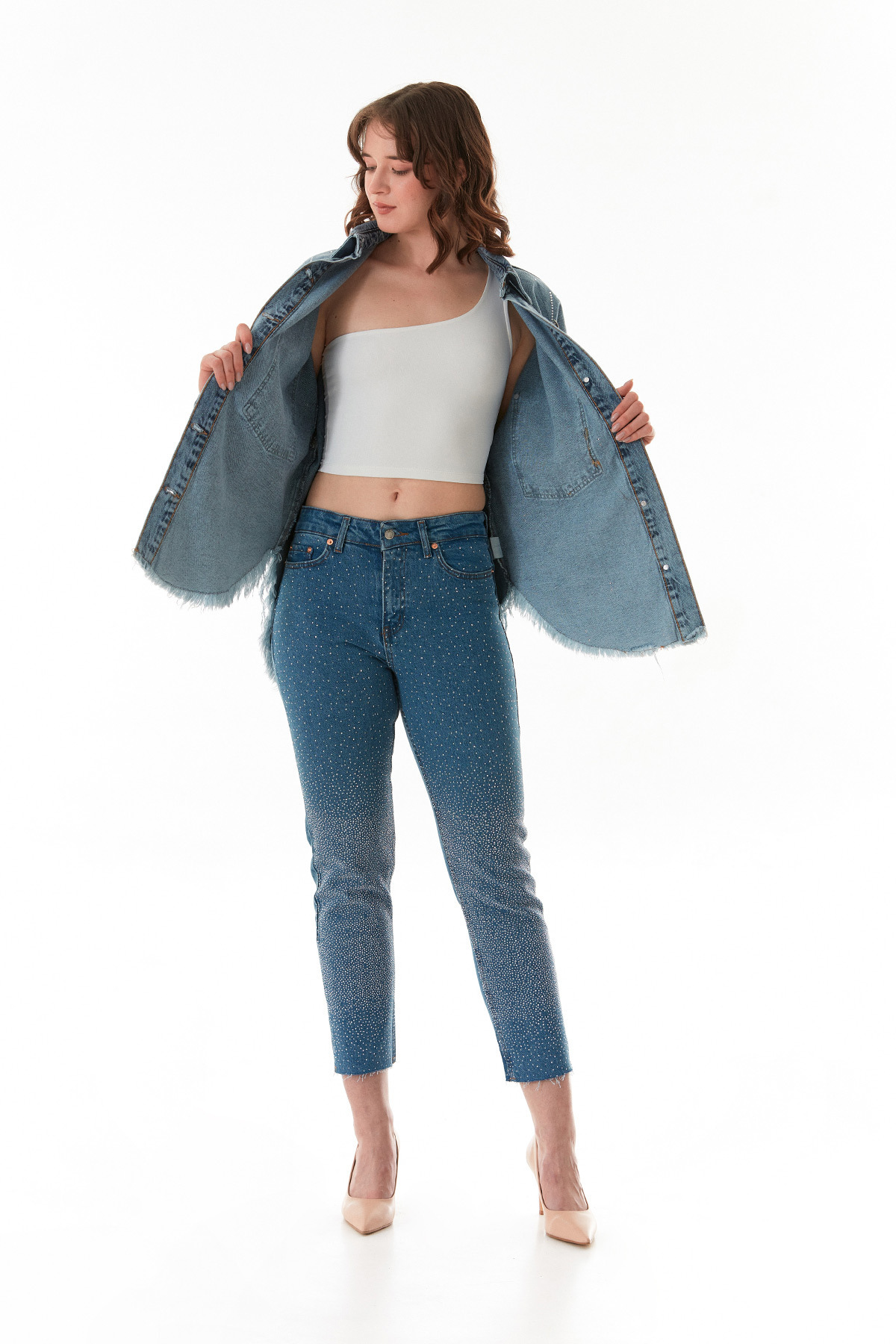 Fulla Moda-Stoned Tasseled Double Pocket Oversize Denim Jacket 2