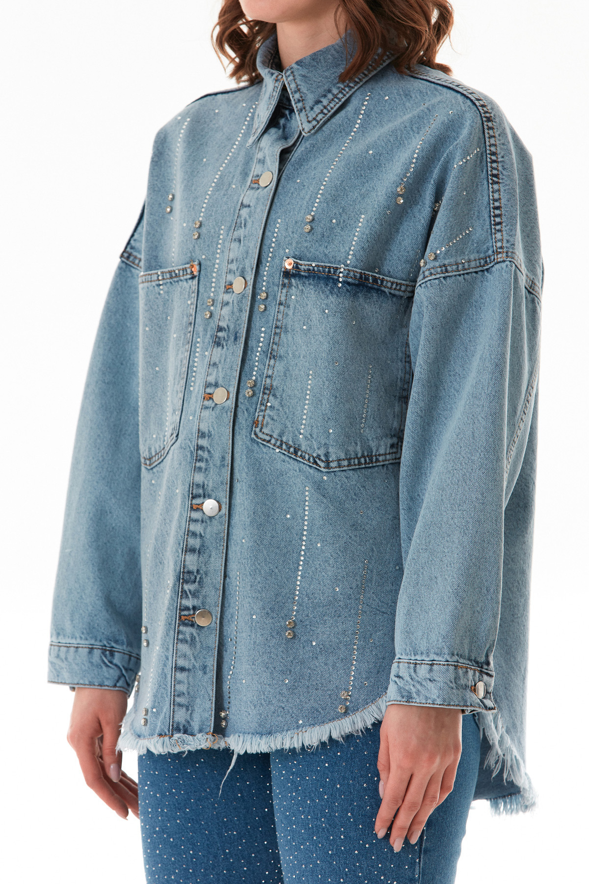Fulla Moda-Stoned Tasseled Double Pocket Oversize Denim Jacket 7