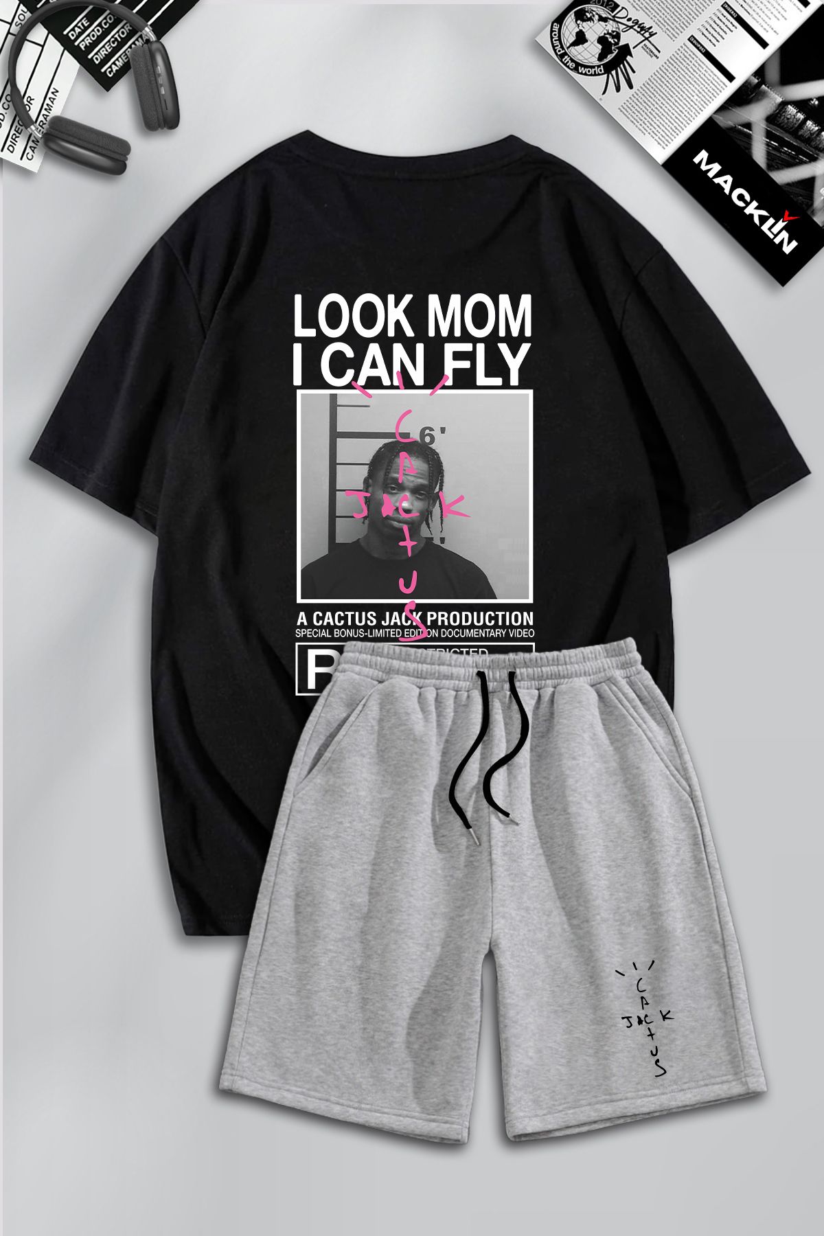 macklin Unisex Erkek Kadın Travis Scott & Cactus Jack Baskılı Özel Tasarım Oversize Tshirt Ve Şort Takım