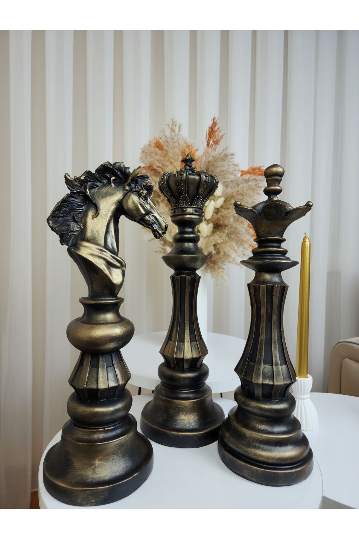 SerenityHaven Dekoratif Büyük Boy (40CM) Polyester Antik Gold Eskitme Detaylı Siyah 3'lü Set Satranç Biblo Takımı