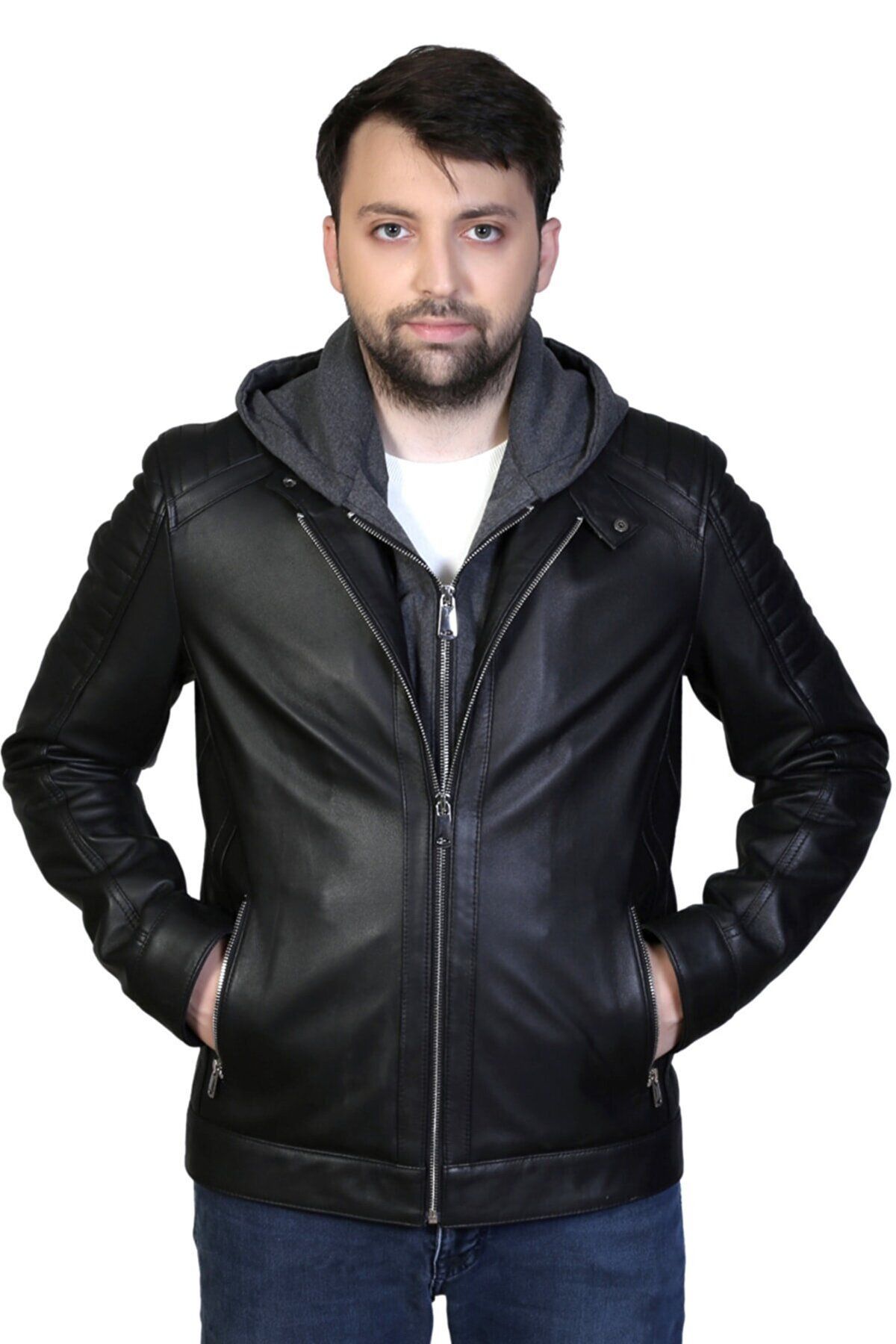 DERİJE Danny Hakiki Deri Erkek Siyah Kapüşonlu Ceket-Mont