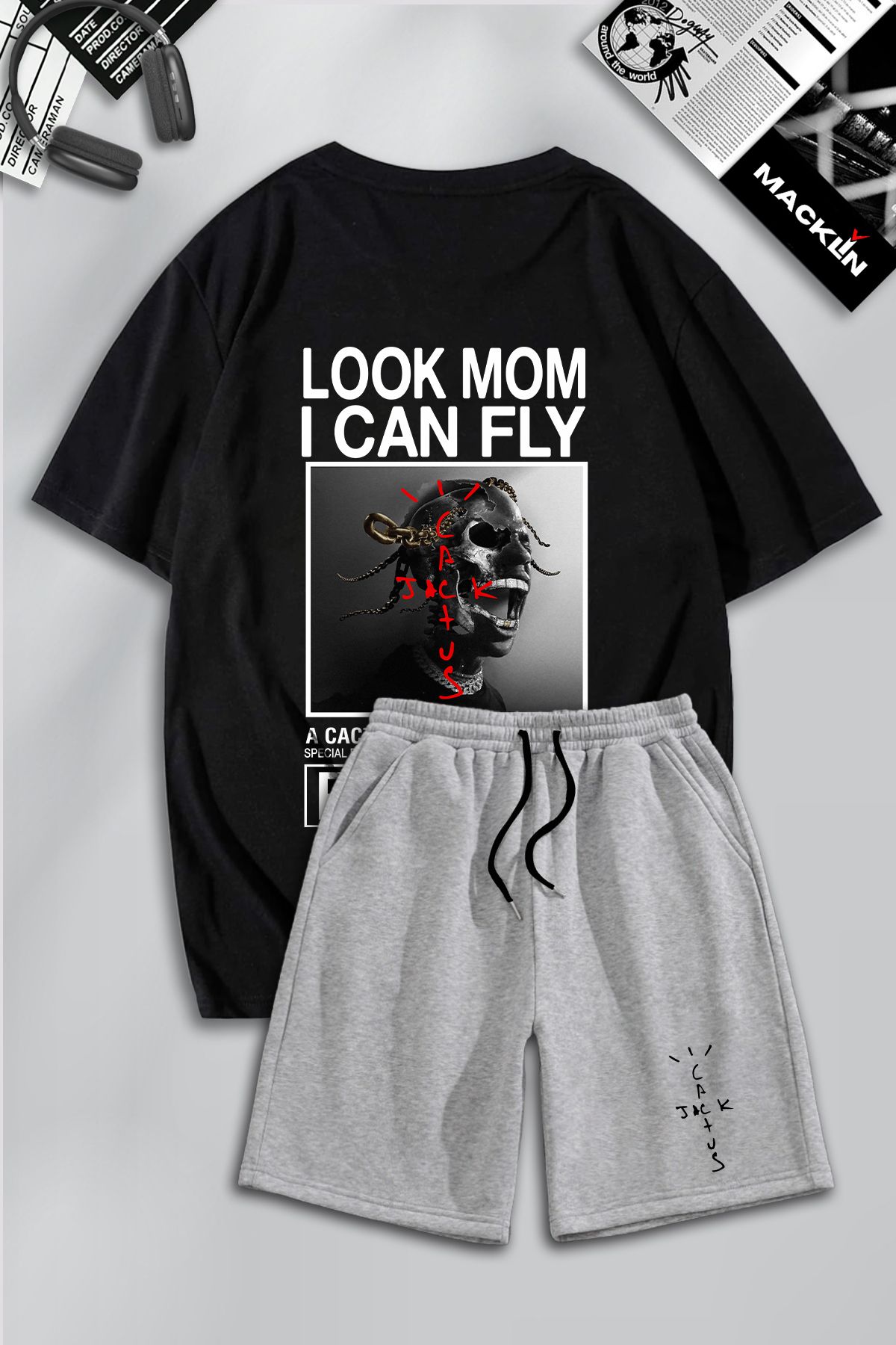 macklin Unisex Erkek Kadın Travis Scott & Cactus Jack Baskılı Özel Tasarım Oversize Tshirt Ve Şort Takım