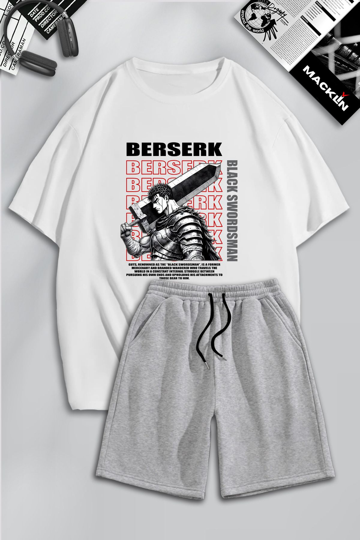 macklin Unisex Erkek Kadın Berserk Black Swordman Anime Baskılı Özel Tasarım Oversize Tshirt Ve Şort Takım