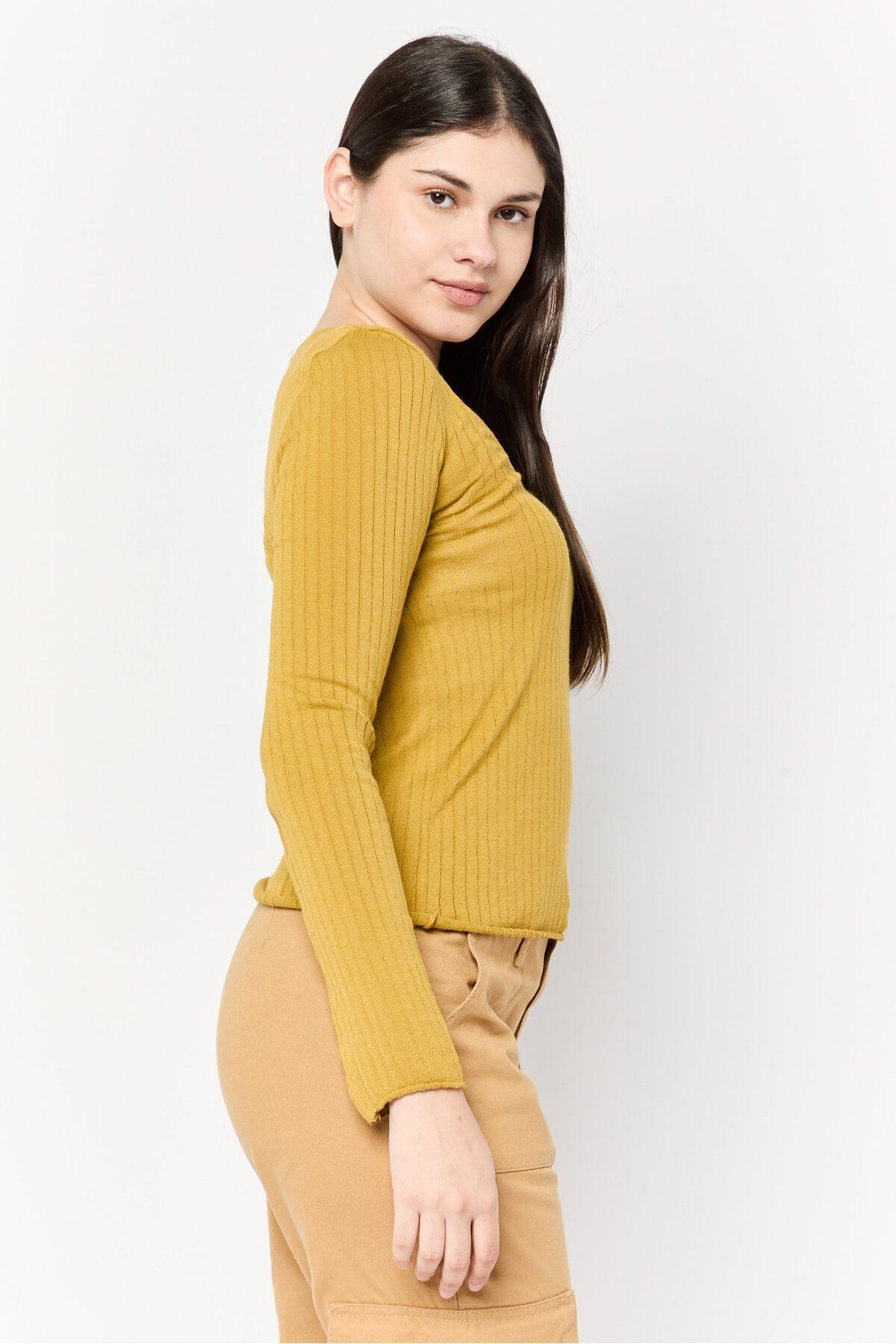 DeFacto-Women U-Neck Long Sleeve Rib Knit Blouse, Gold 4