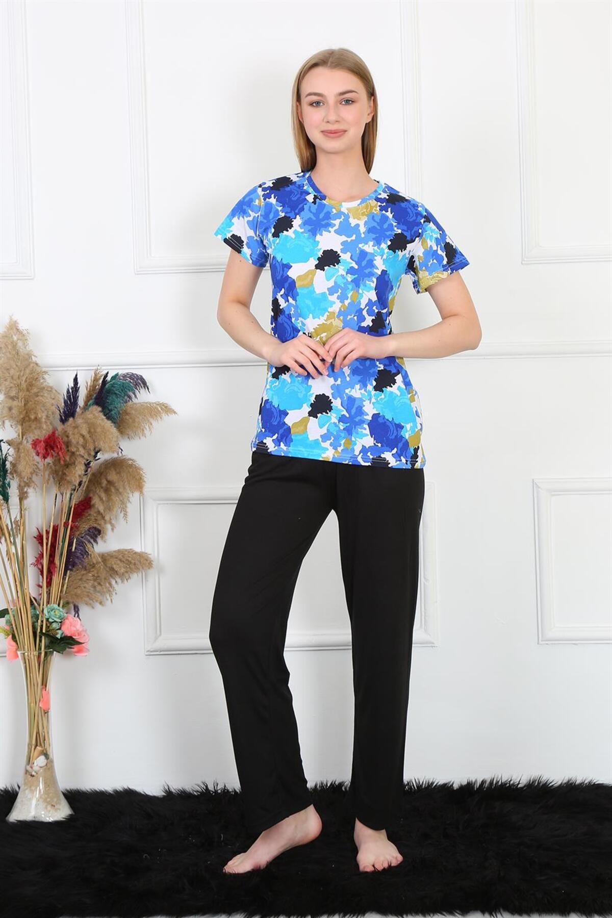 COXO Fashion`S Moda Çizgi Women's Combed Cotton Short Sleeve Pajama Set 4142