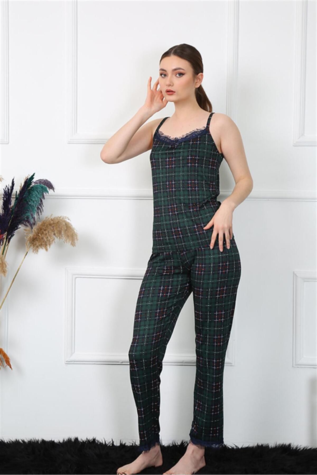 COXO Fashion`S Moda Çizgi Women's Rope Strap Green Plaid Pajama Set 4135