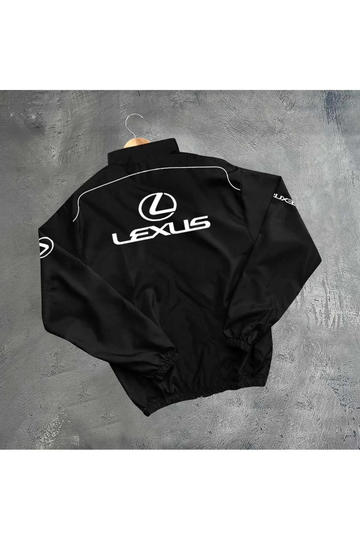 Lexus Unisex Paraşüt Kumaş Oversize Baskılı Siyah Rüzgarlık Yağmurluk İnce Ceket — مشکی yildirimbeyaz — تصویر 2 از 3