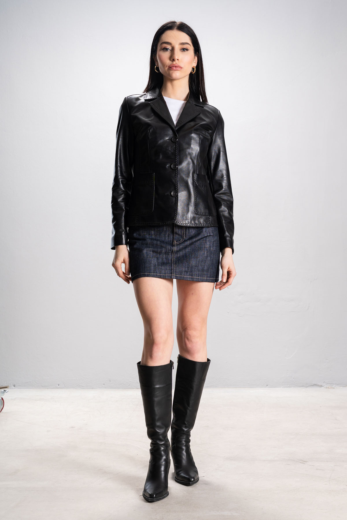 Dericlub  Lyon Kadın Üç Düğmeli Torba Cepli Hakiki Deri Blazer Ceket Siyah - Görsel 7