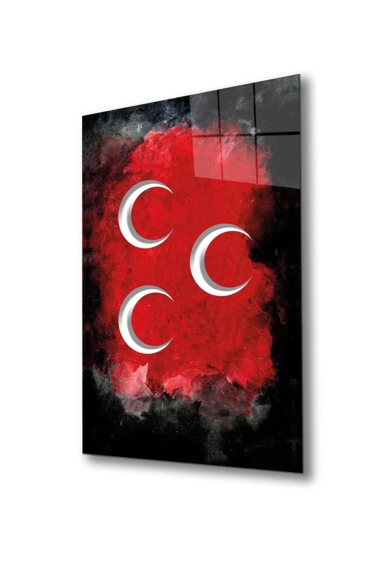ÖYKÜ VE YİĞİT Üç Hilal Siyah Kırmızı Fonlu Cam Tablo