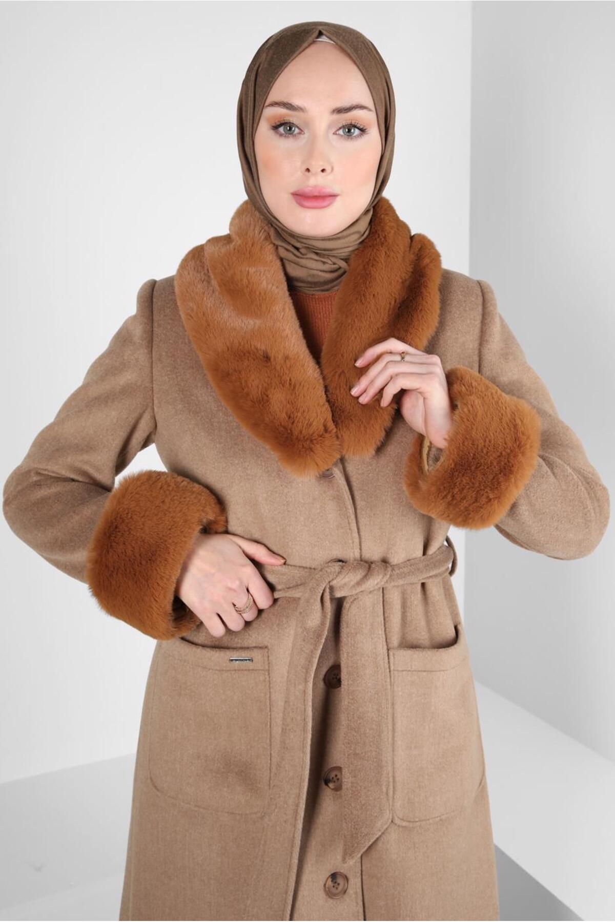 کت کمربند خز دار 90465 Alvina