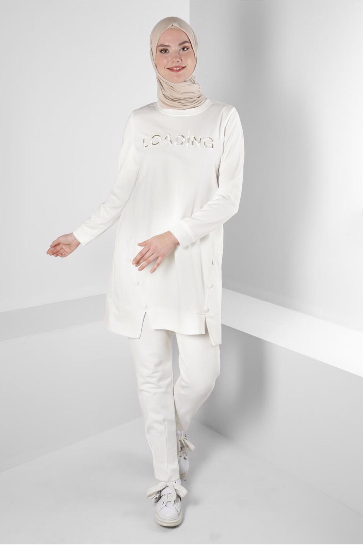Alvina-43348 Model Text Printed and Button Detailed Tracksuit Tunik 2