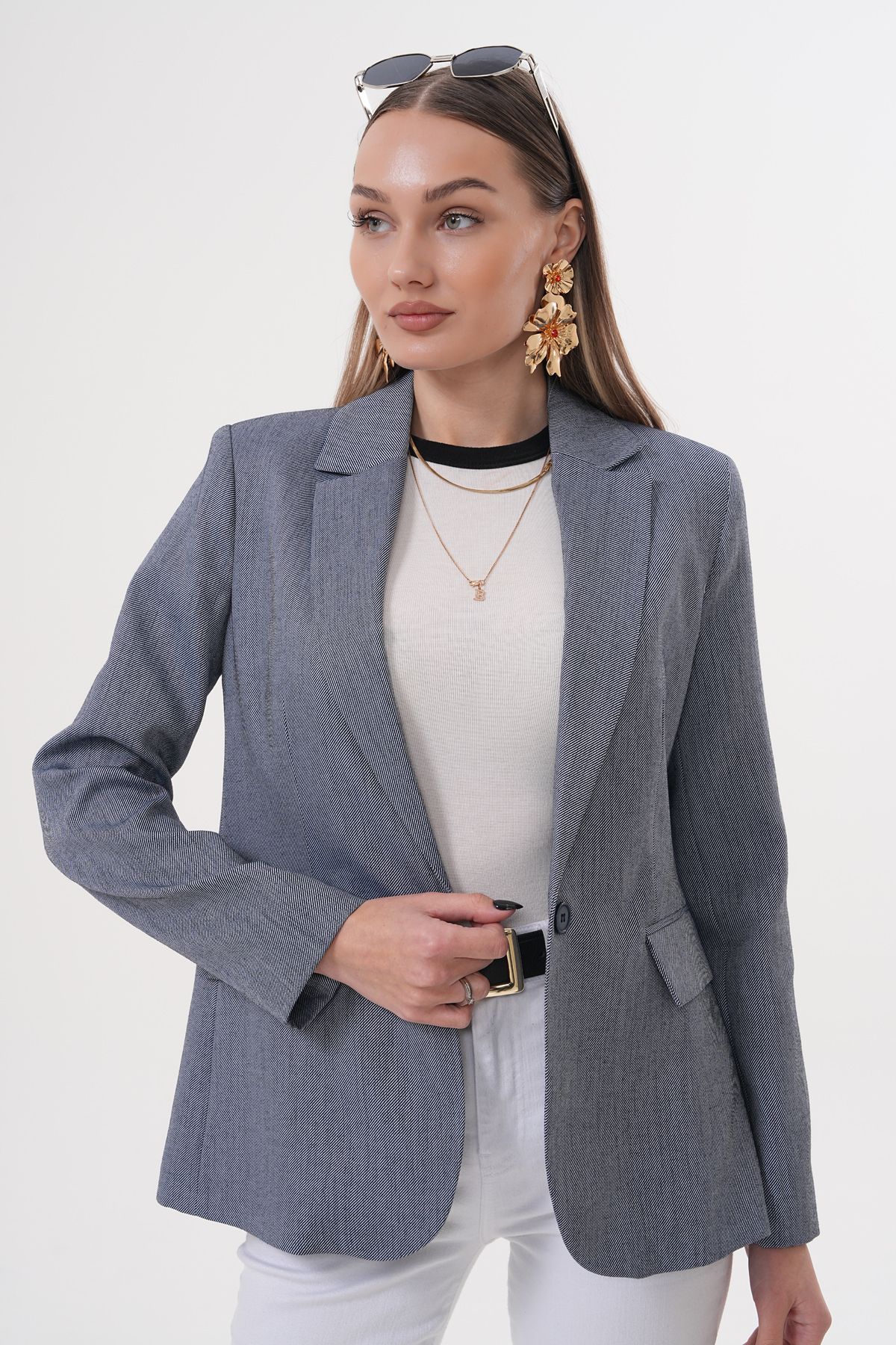 nisya-Women's Dark Striped Blue Jacket with Pocket Detail 8