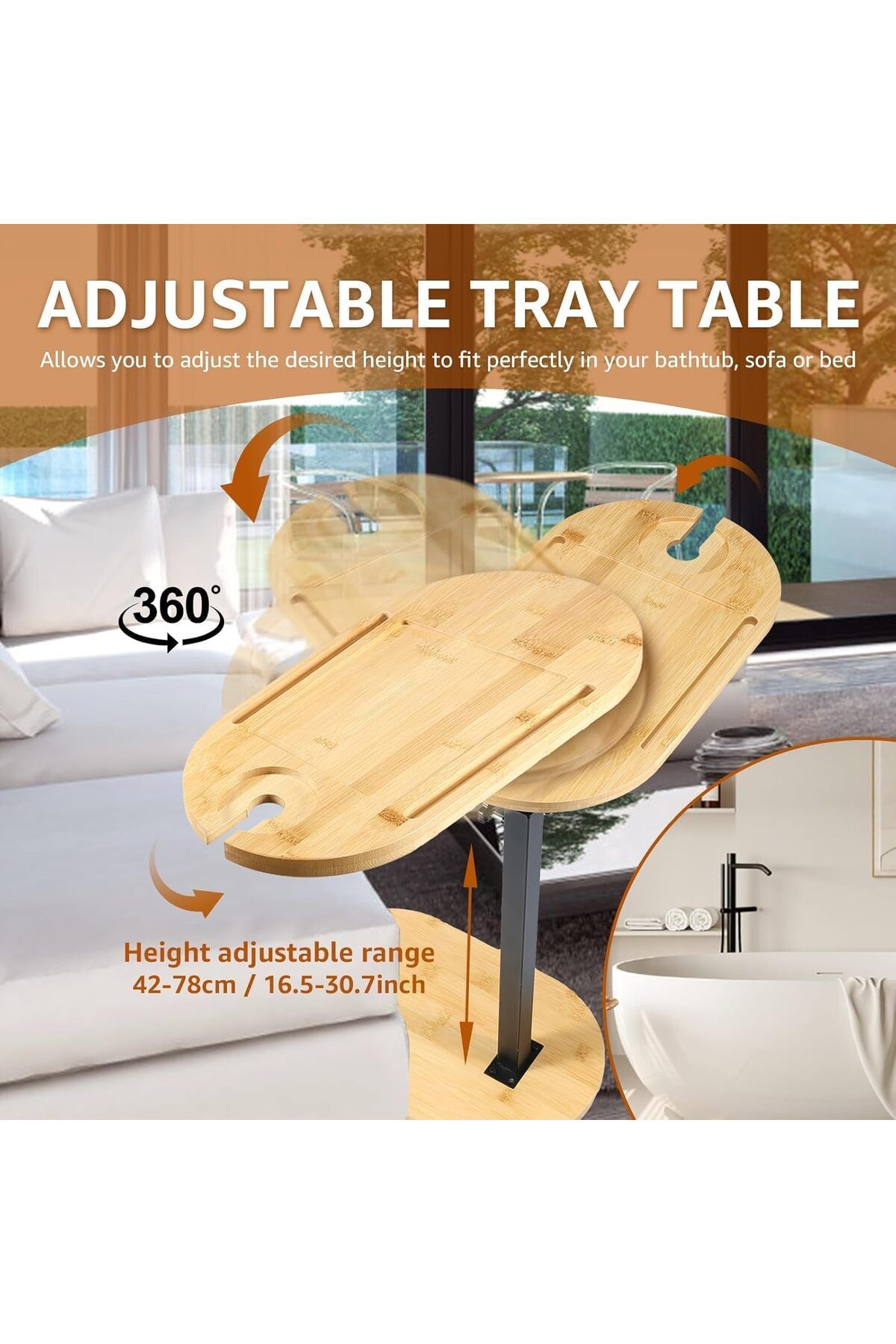 COOYA-C Shaped Round End Table, Snack Table, 360° Rotating Sofa Side Table Height Adjustable End Table 4