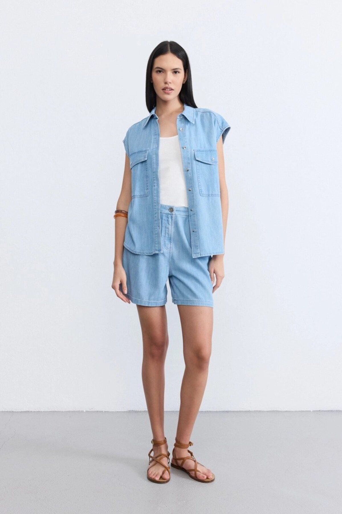 Gusto Düşük Kollu Denim Gömlek -Mavi