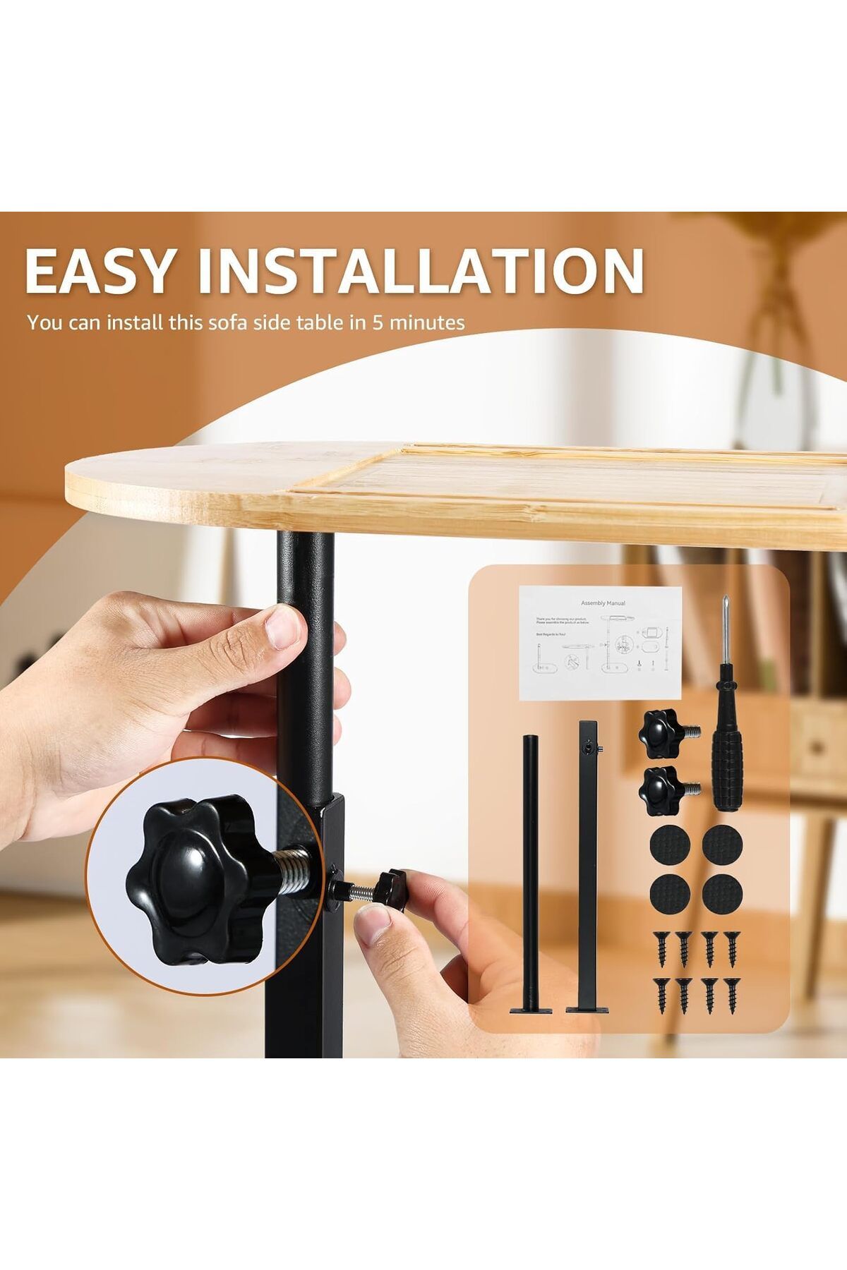 COOYA-C Shaped Round End Table, Snack Table, 360° Rotating Sofa Side Table Height Adjustable End Table 5