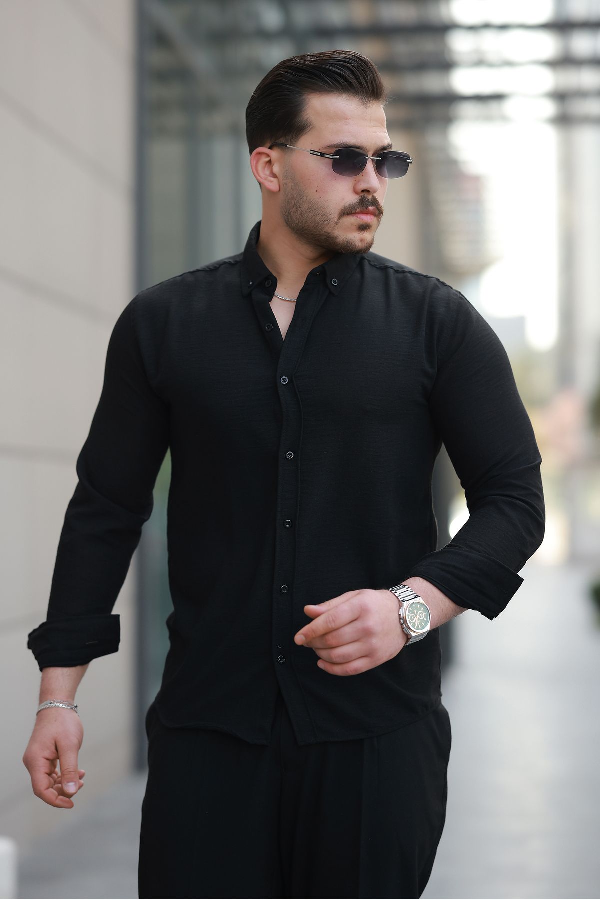 پیراهن آستین بلند پارچه ای 100% نخی مشکی ساده مردانه Mero Life