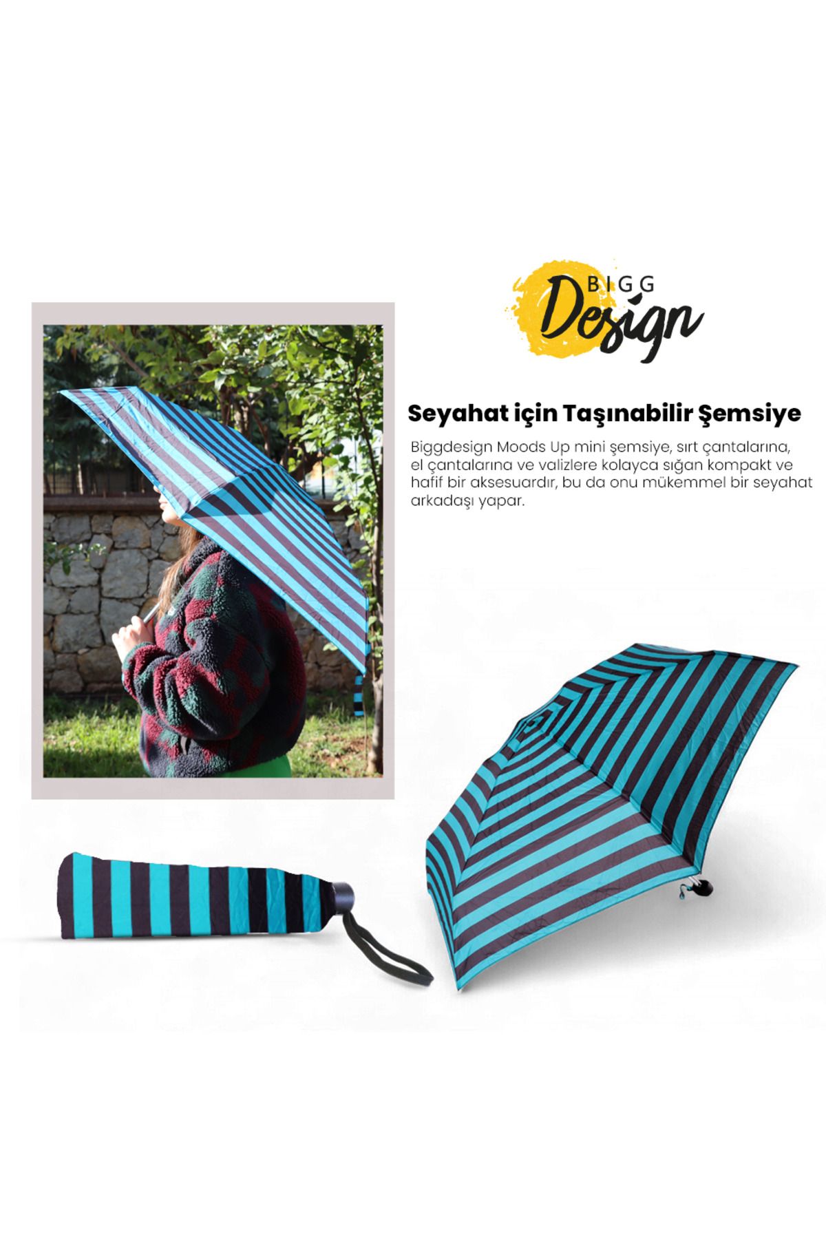 Biggdesign-Biggdesign Moods Up Mini umbrelă cu dungi negre, verzi 3