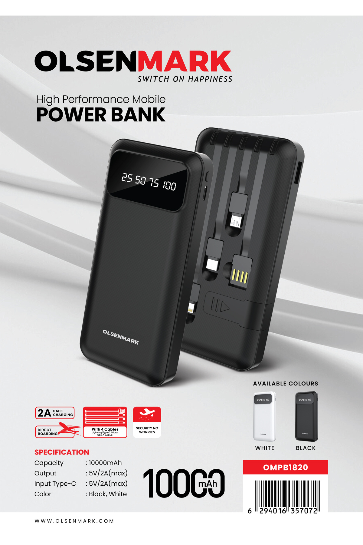Olsenmark-1000 Mah High Performance Digital Power Bank Ompb1820 Fast And Safe Charging, Lightning 1