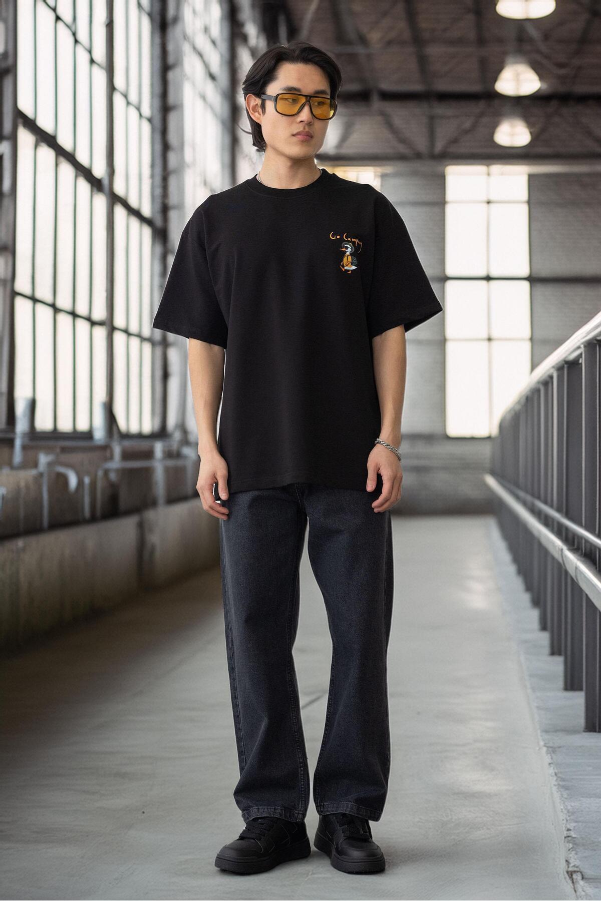 Valiberta-Pocket Printed Two Thread Fabric Cotton Oversize Men's T-Shirt - Black 5
