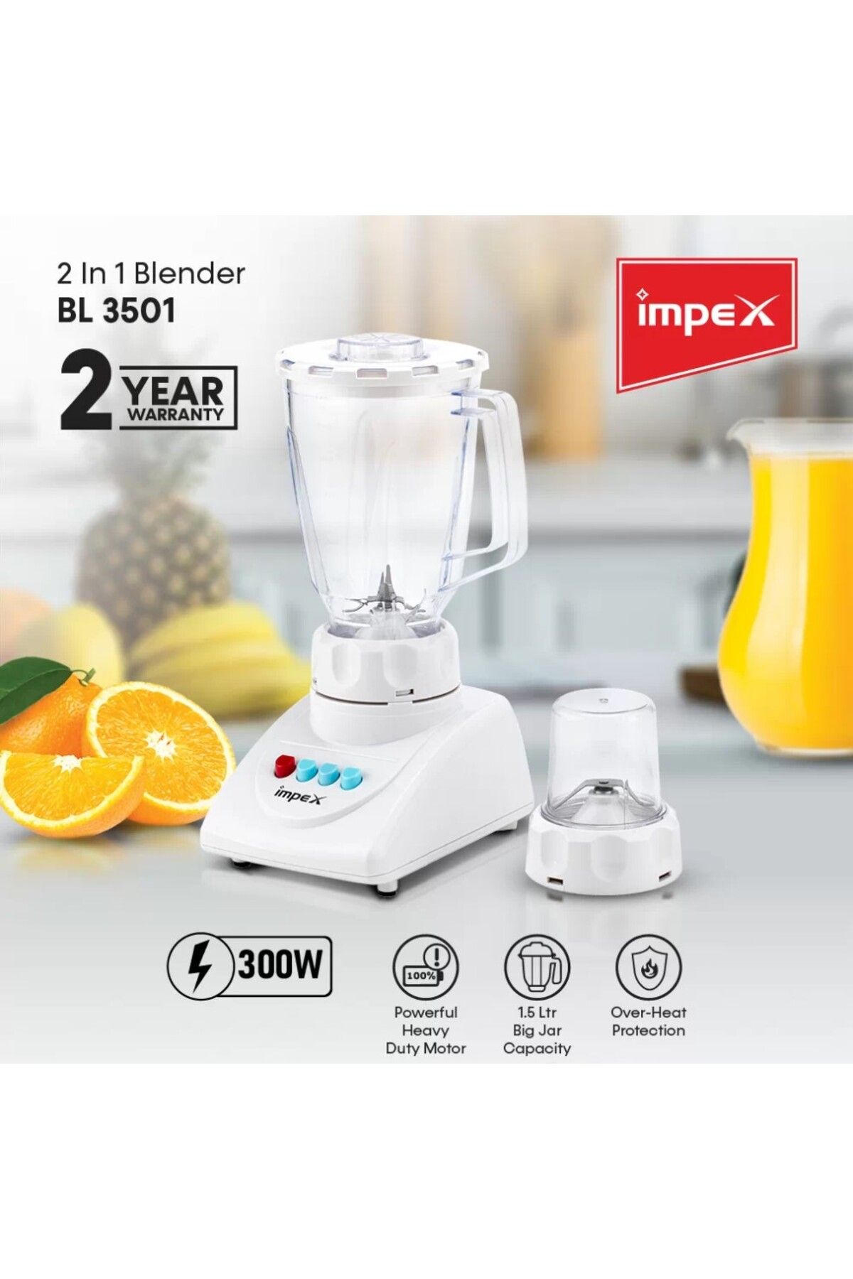 İMPEX-Blender 2 In 1 Mixer Grinder, Powerful Motor, Speed Control With Pulse, 1.4 L 400 W - Bl3501 1