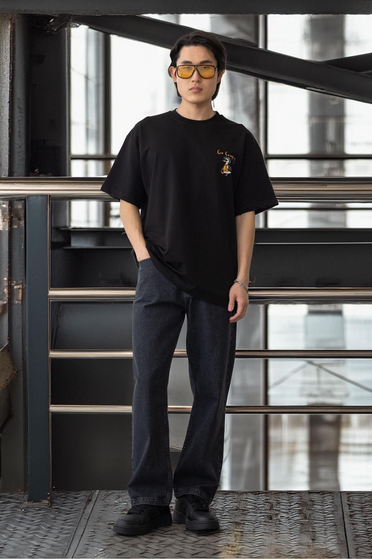 Valiberta-Pocket Printed Two Thread Fabric Cotton Oversize Men's T-Shirt - Black 7