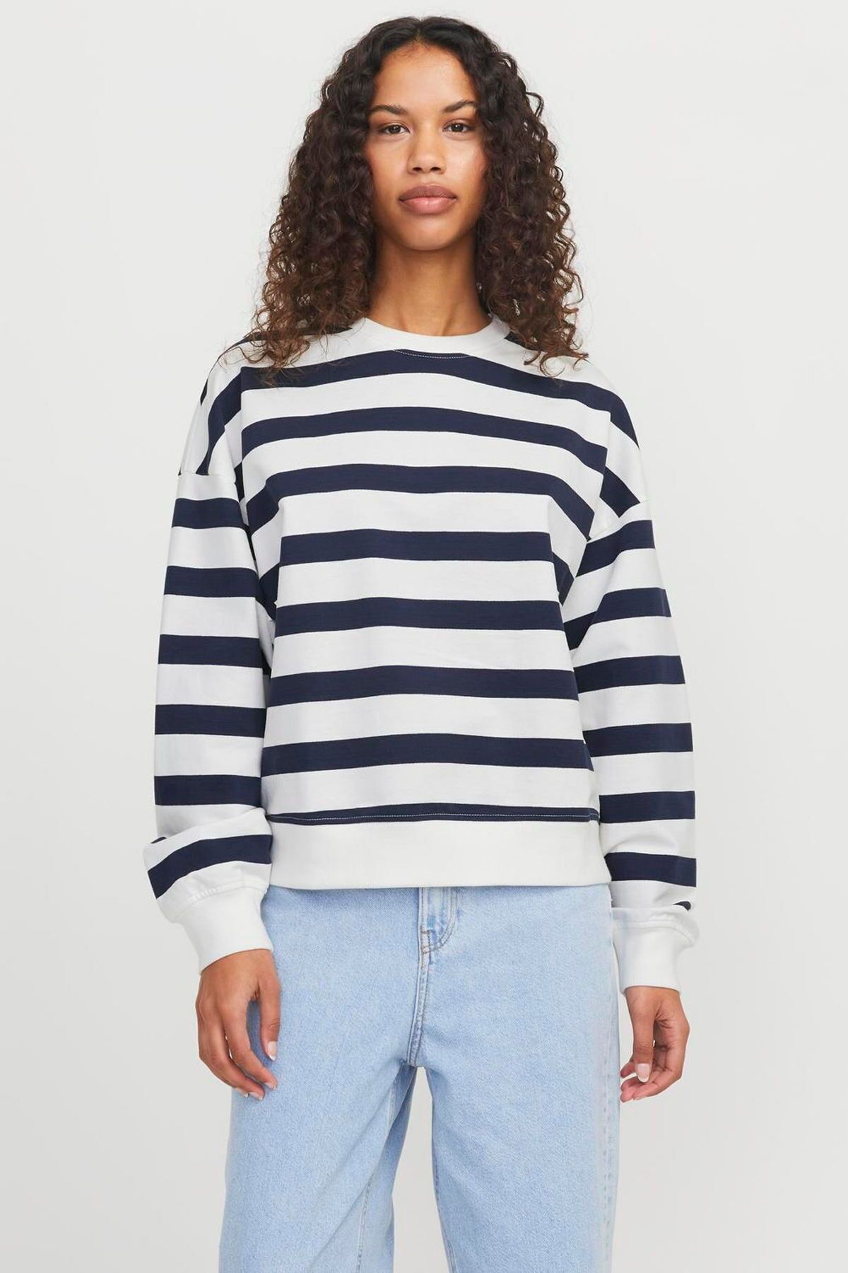 Jack & Jones Kadin Bisiklet Yaka Çizgili Sweatshirt - Alfa