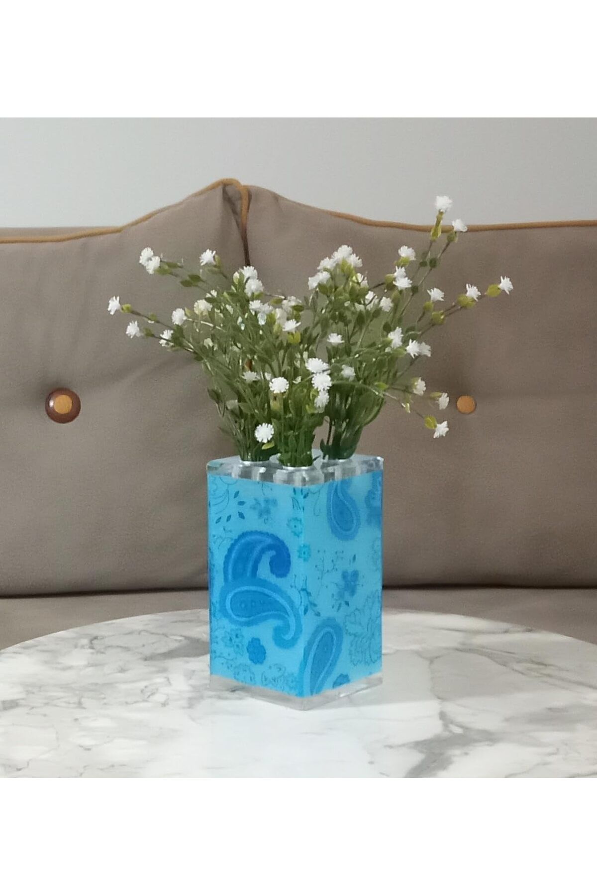 DERİK DAHİL,VAZO DAHİL,ÇİÇEK,BEYAZ YAPAY ÇİÇEK,VAZO DEKORATİF MAVİ 7X7X17CM Fire 1