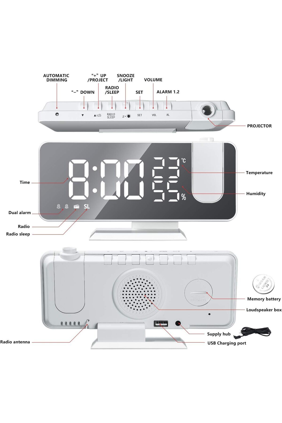 COOYA-Alarm Clock, 180 Rotable Projector LED Digital with Temperature Display, Dual Alarms, Snooze 2