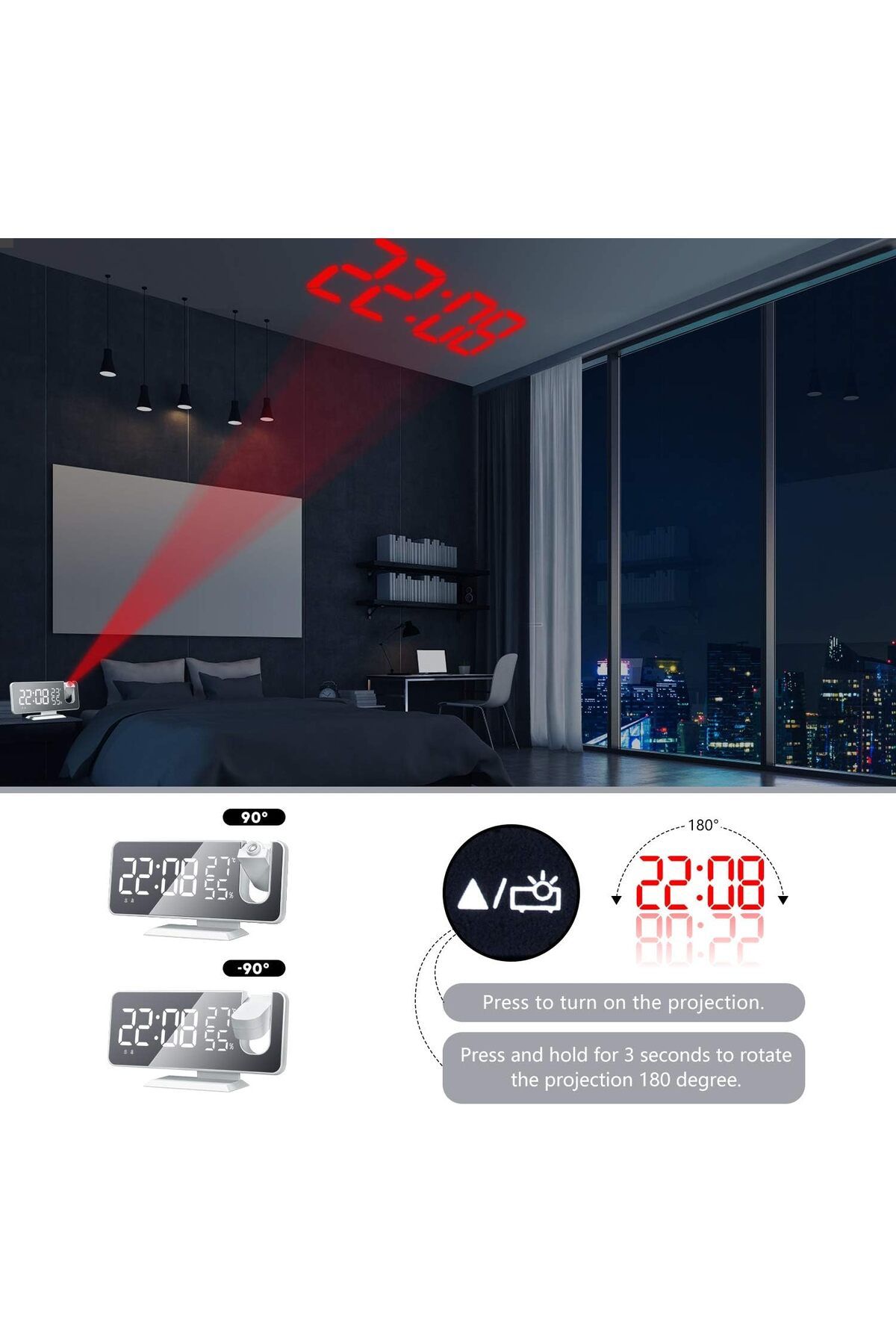 COOYA-Alarm Clock, 180 Rotable Projector LED Digital with Temperature Display, Dual Alarms, Snooze 5