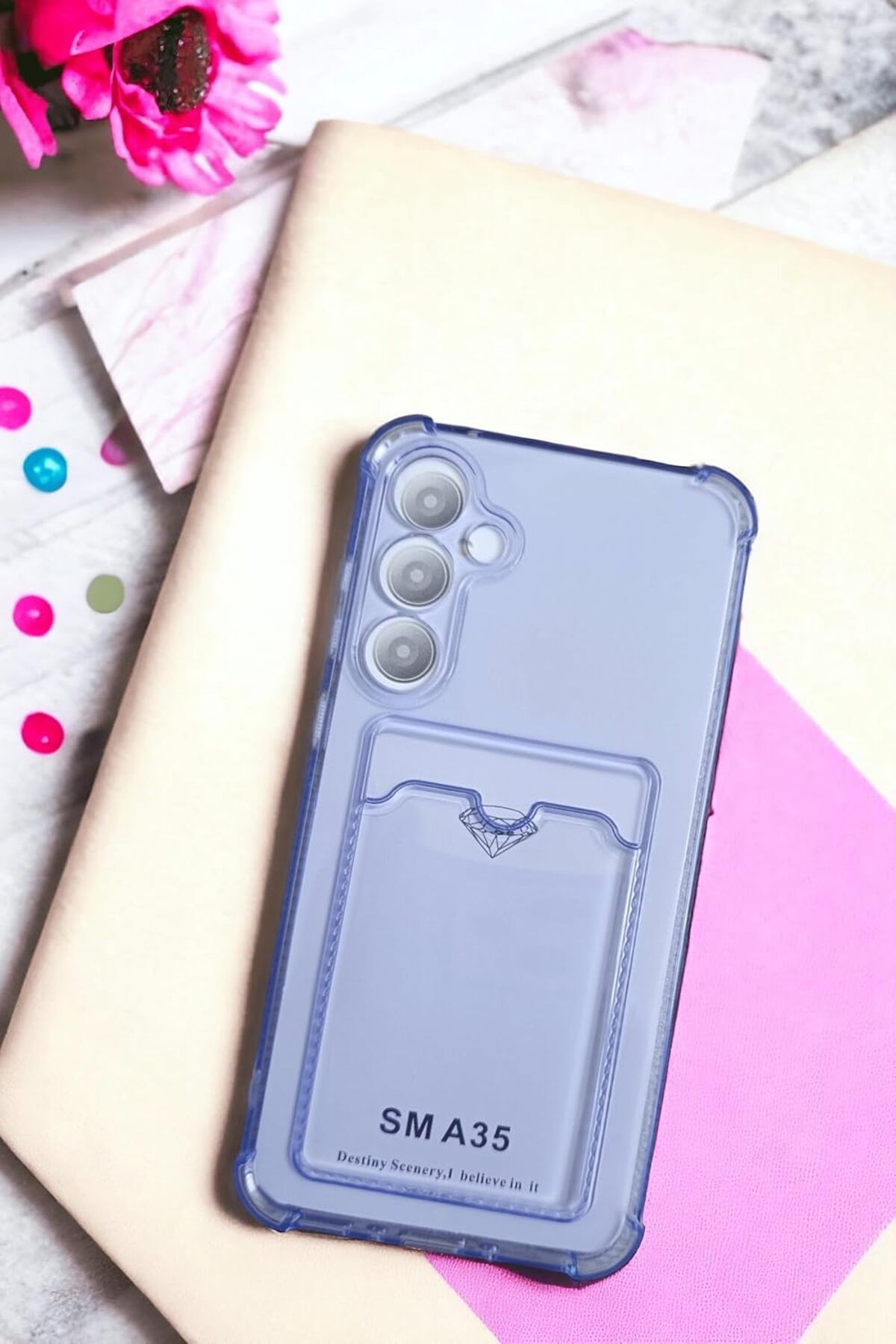 DERİK dsr Galaxy A35 Kılıf Kartlıklı Köşe Koruma Tasarımlı Renkli Şeffaf G-Kart Kılıf (Lila) hr
