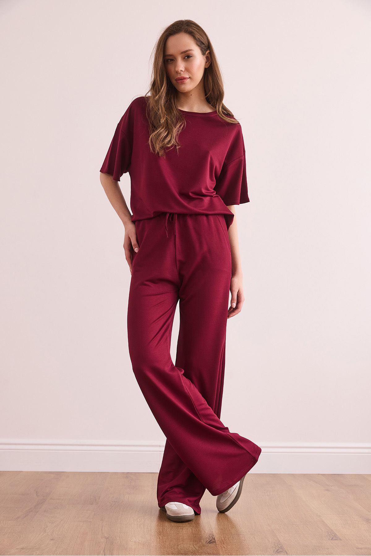 Olalook-Women's Burgundy Bottom Pocket Trousers Top T-Shirt Set Tkm- 19000374 5