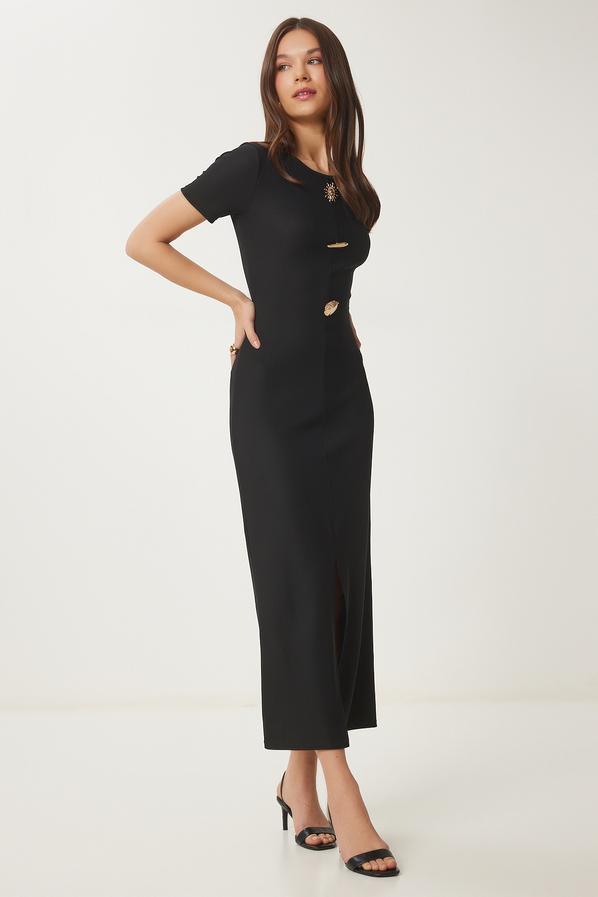  Happiness ?stanbul Kad?n Siyah Dore Aksesuarl? Fitilli ?rme Elbise