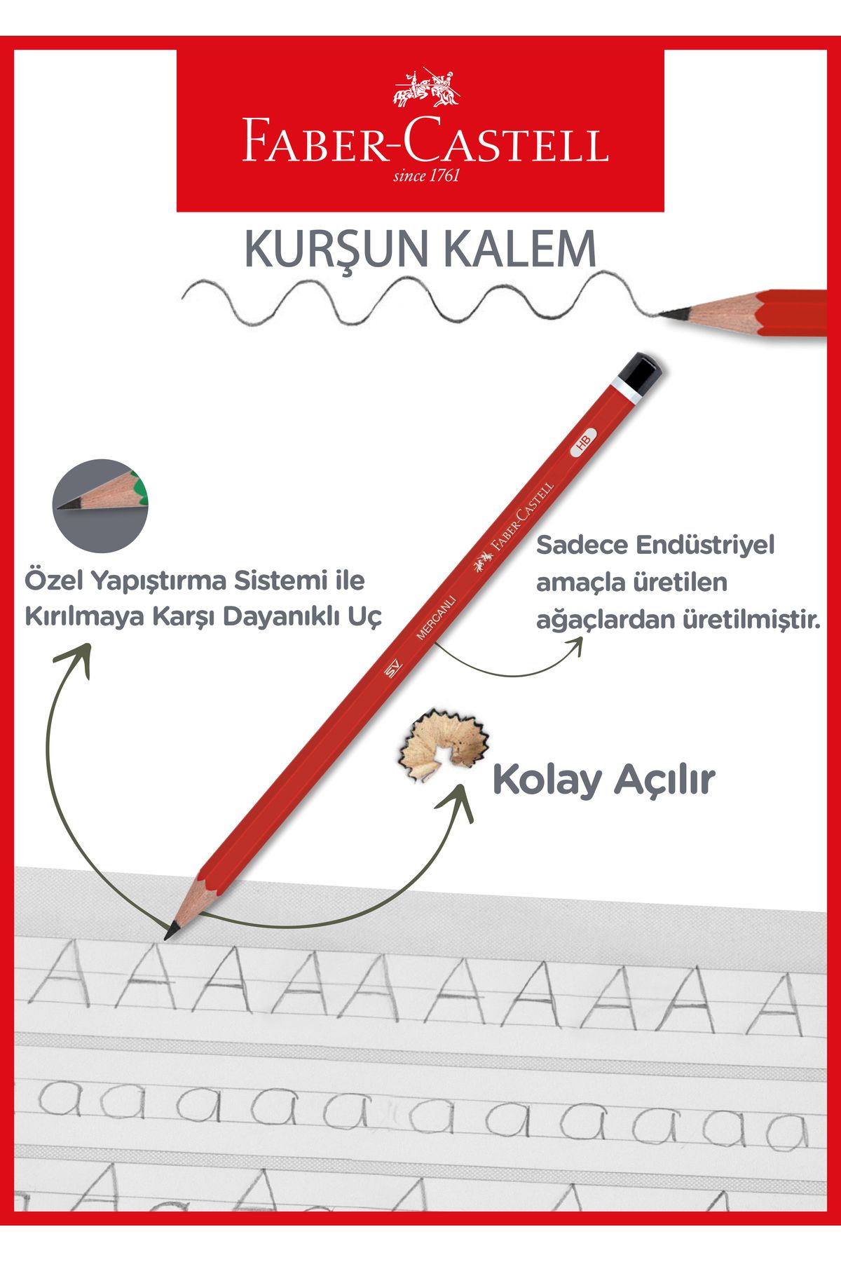 Faber Castell-Angular Coral Red Pencil 12'Li Hb Nib, Break-Resistant, Erasable Without Leaving Traces 3