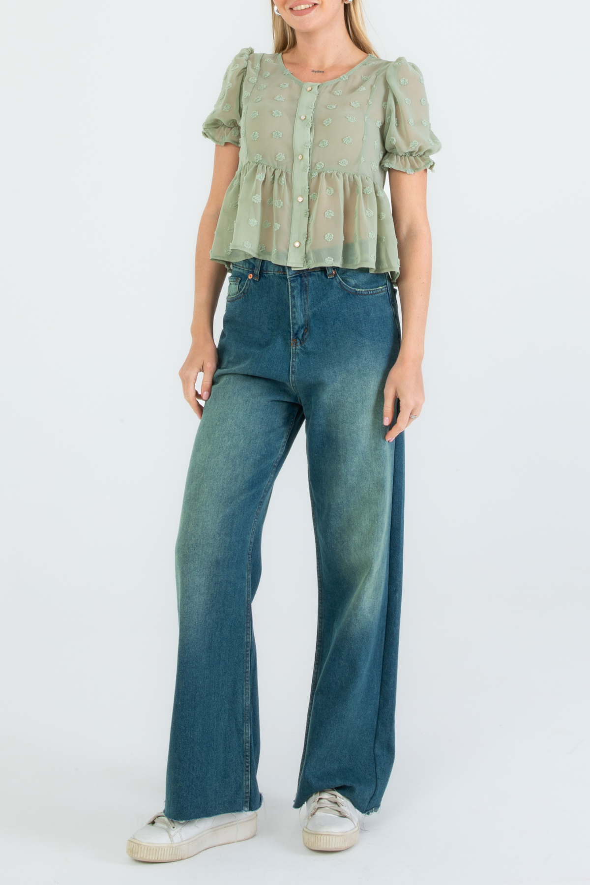 Trendyolmilla  Yeşil Düğmeli Astarsız Dokuma Dokulu Şifon Bluz Gömlek TEDSS25BZ00004 - Görsel 6