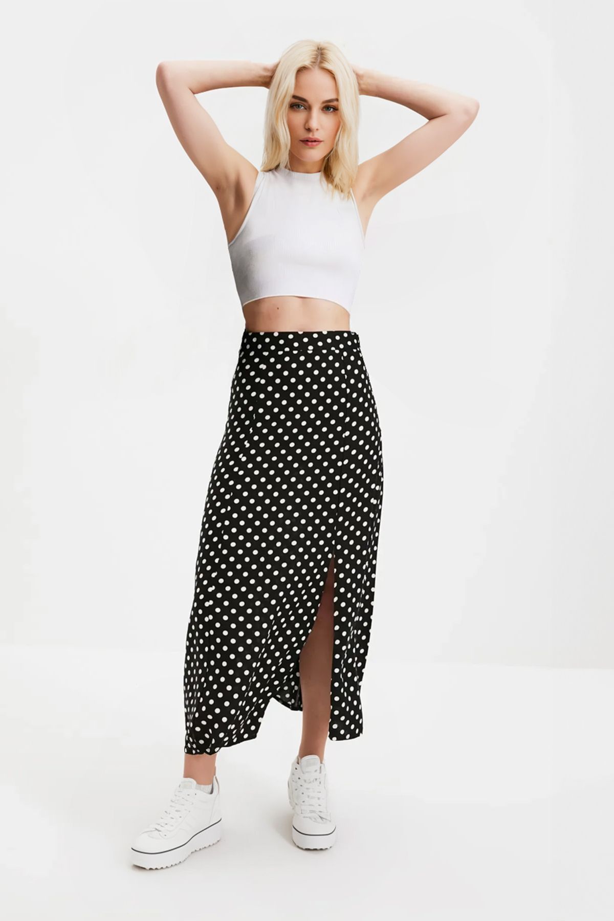 Trendyol Collection Czarna Tkana Spódnica Midi Z Rozcięciem W Kropki I Szczegółową Tkaniną Wiskozową Kobieta - 32