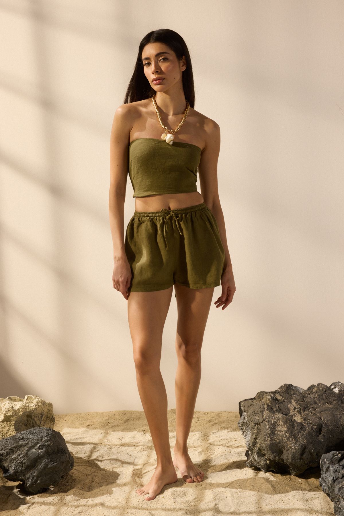 Trendyol Collection-Khaki Woven 100% Linen Beach Shorts Tbess25Sr00013 4