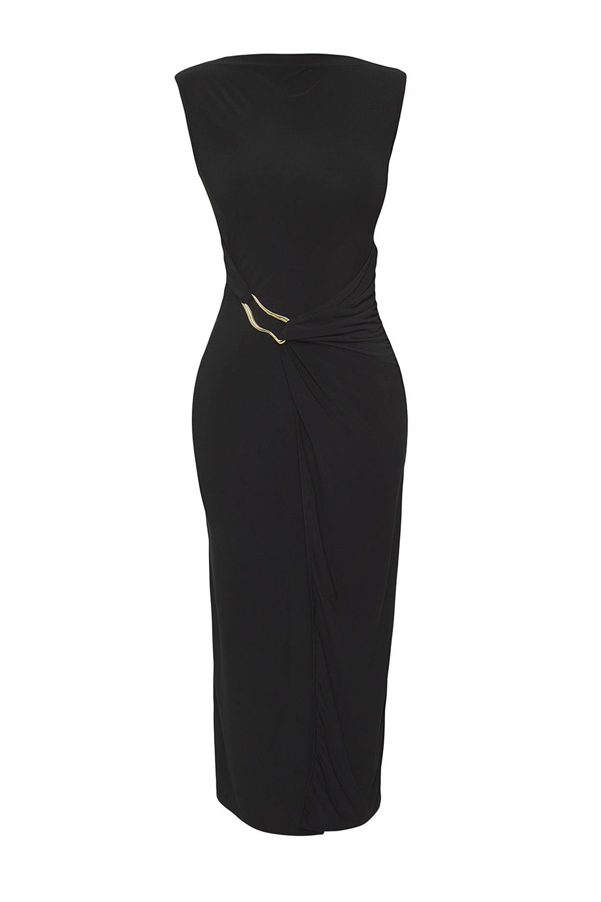 Trendyolmilla  Siyah Bodycone/Vücuda Oturan Aksesuar Detaylı Ay Kol Kayık Yaka Midi Örme Elbise TWOSS25EL00699 - Görsel 5