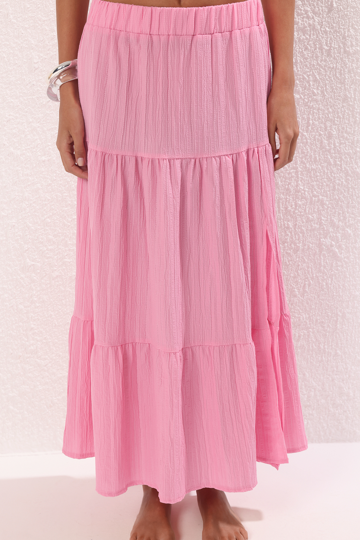 Trendyolmilla  Pembe Dokuma Gipeli Plaj Bluz-Etek Takım TBESS25AU00045 - Görsel 3