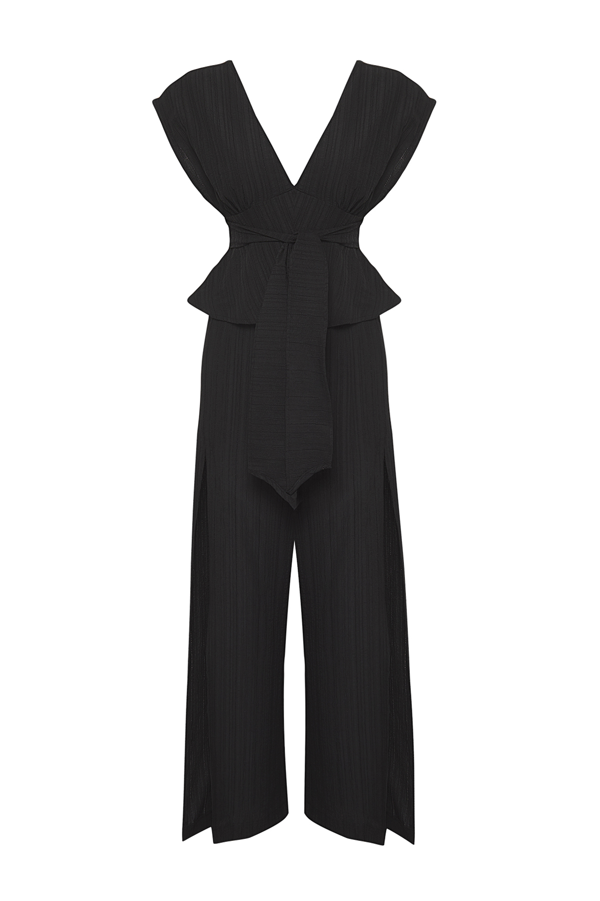 Trendyolmilla  Siyah Dokuma Yırtmaçlı Plaj Bluz-Pantolon Takım TBESS25AU00064 - Görsel 5