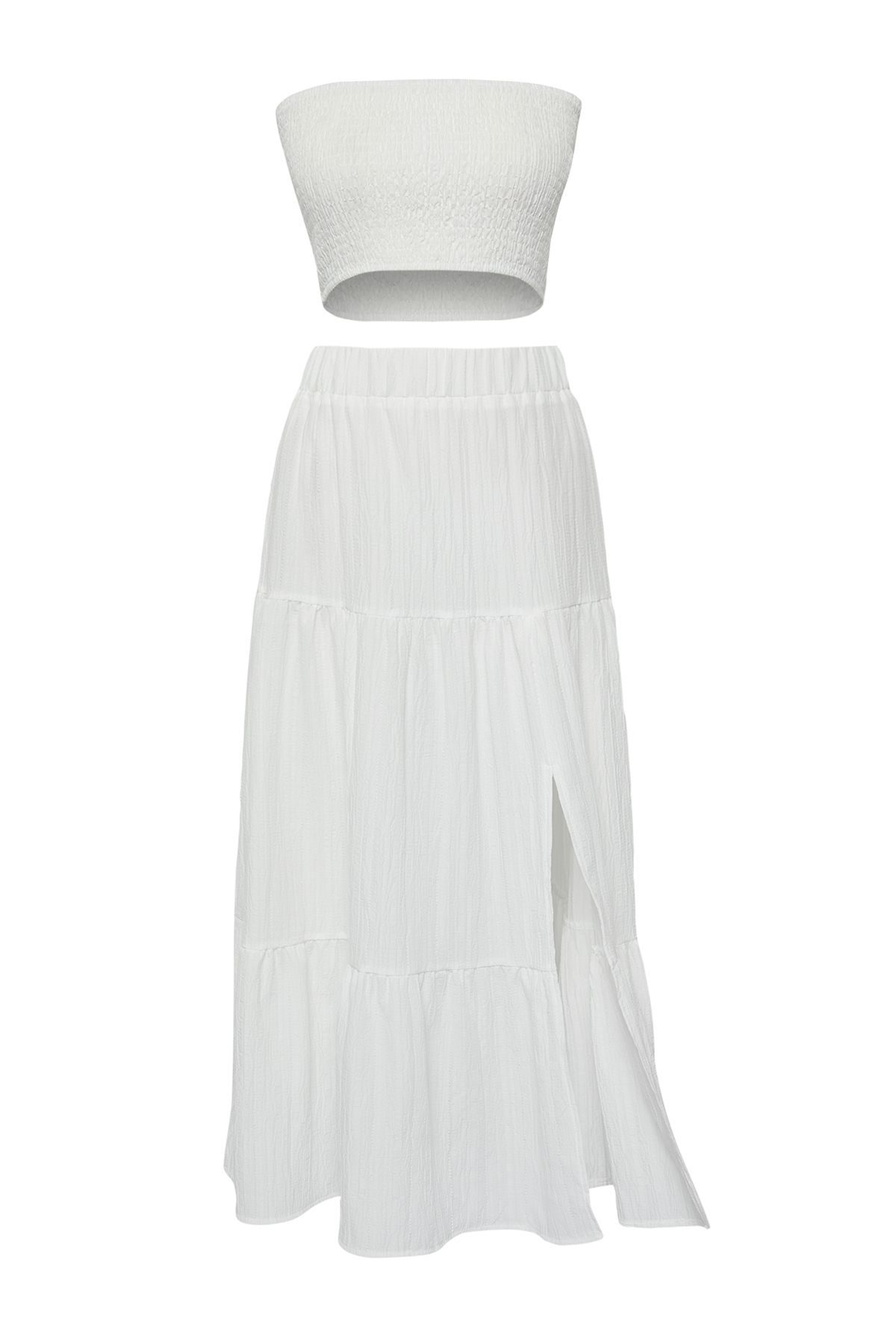 Trendyol Collection-Ecru texturált pánt nélküli blúz szoknya, strandruha TBESS25AU00045 6
