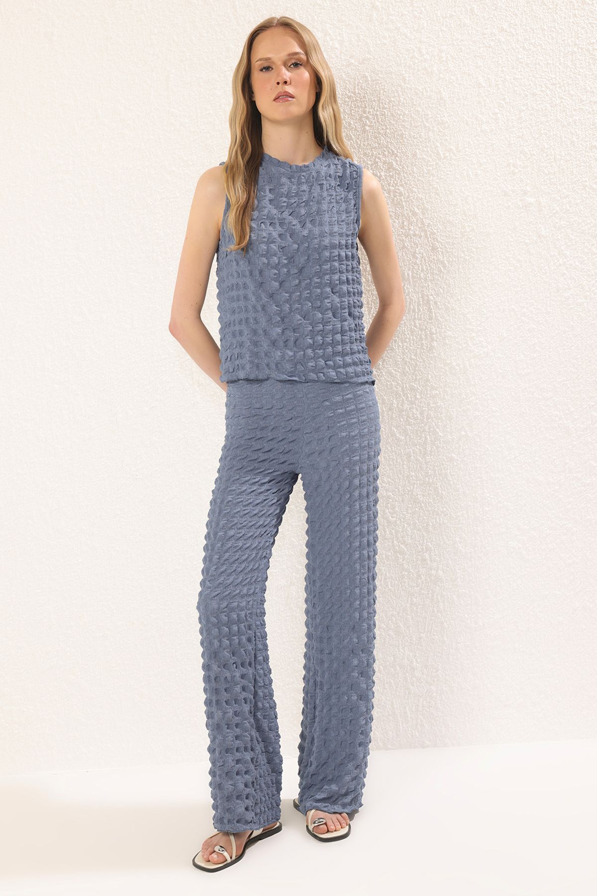 Trendyol Collection-Indigo Textured Blouse-Pants Knitted Bottom-Top Set Twoss24Au00032 1