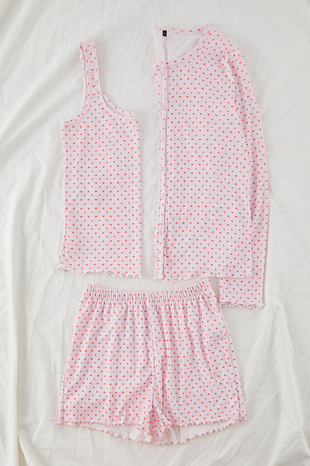 Trendyol Collection-Pink 3-Piece Dowry Set Knitted Pajamas Set with Heart and Polka Dot Twill Shorts Thmss25Pt00003 5