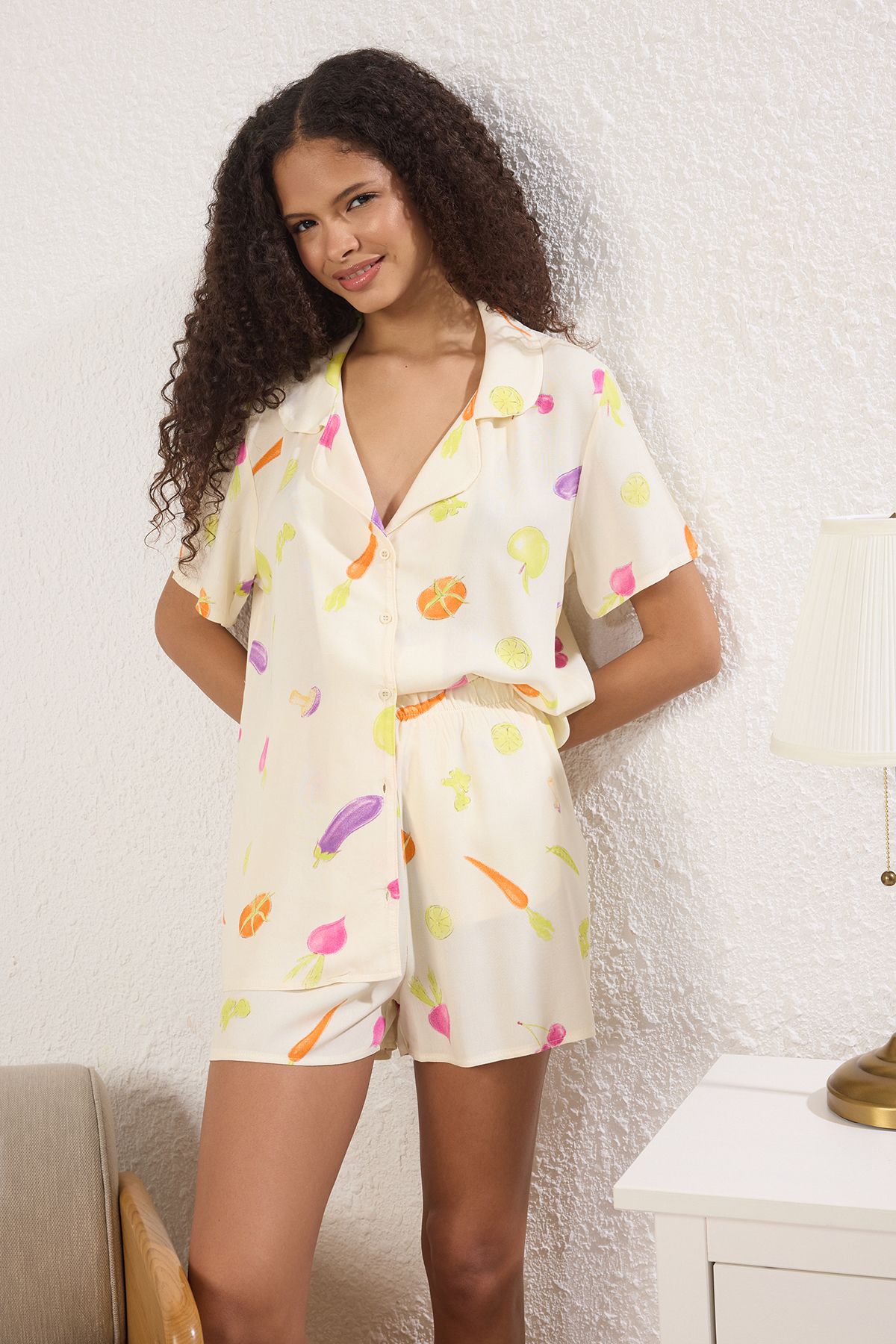 Trendyol Collection-Ecru Vegetable Patterned Viscose Woven Pajamas Set with Shorts Thmss25Pt00271 3