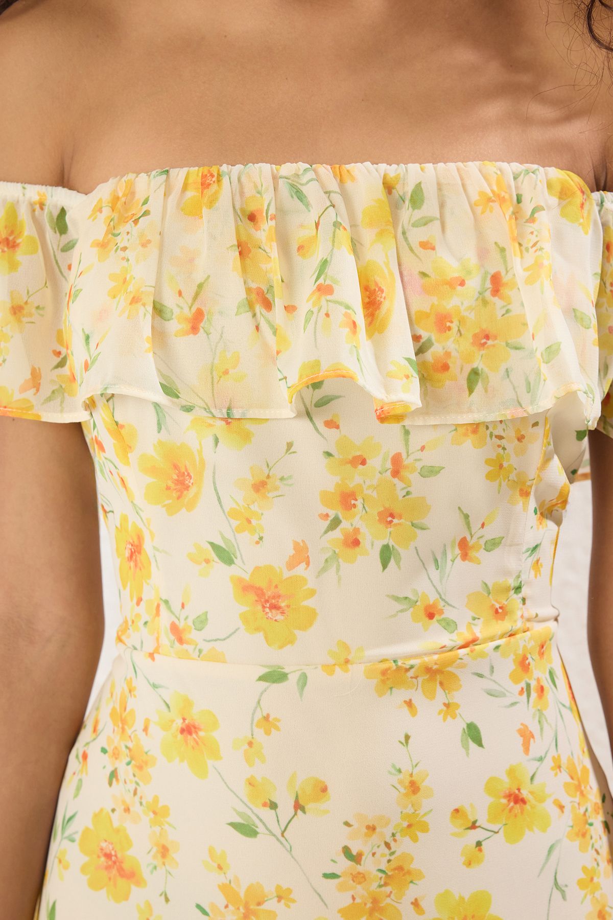 Trendyol Collection-Sárga virágos szoknya derék fodros sifon repülő repülő szőtt midi ruha TWOSS25EL00278 3
