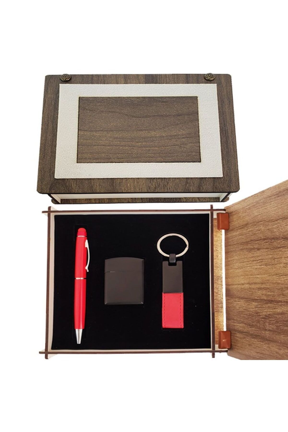 SAVA HOME COLLECTİON Özel Ahşap Kutulu Kırmızı Kalem Anahtarlık ve Çakmak Set
