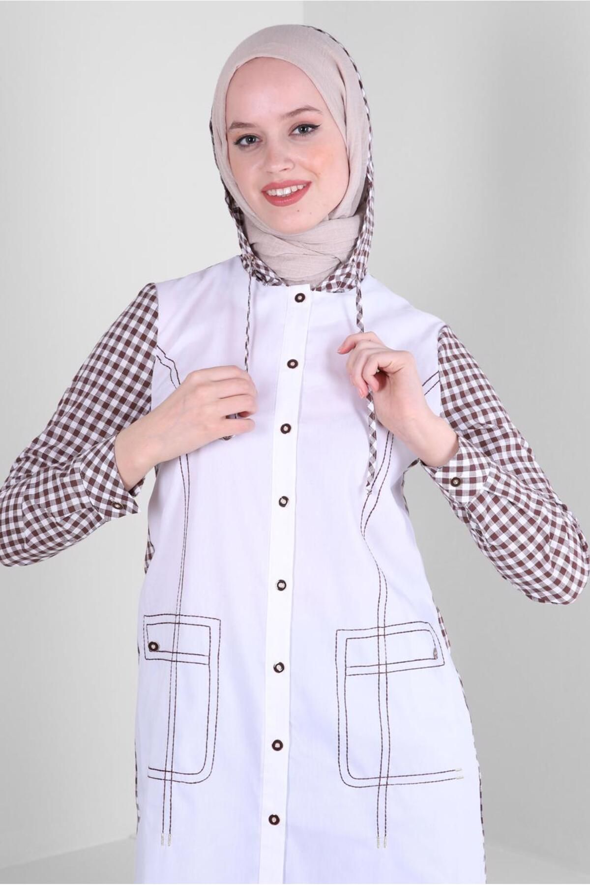 تونیک دکمه ای کلاهدار طرح دار جینگهام 43678 Alvina