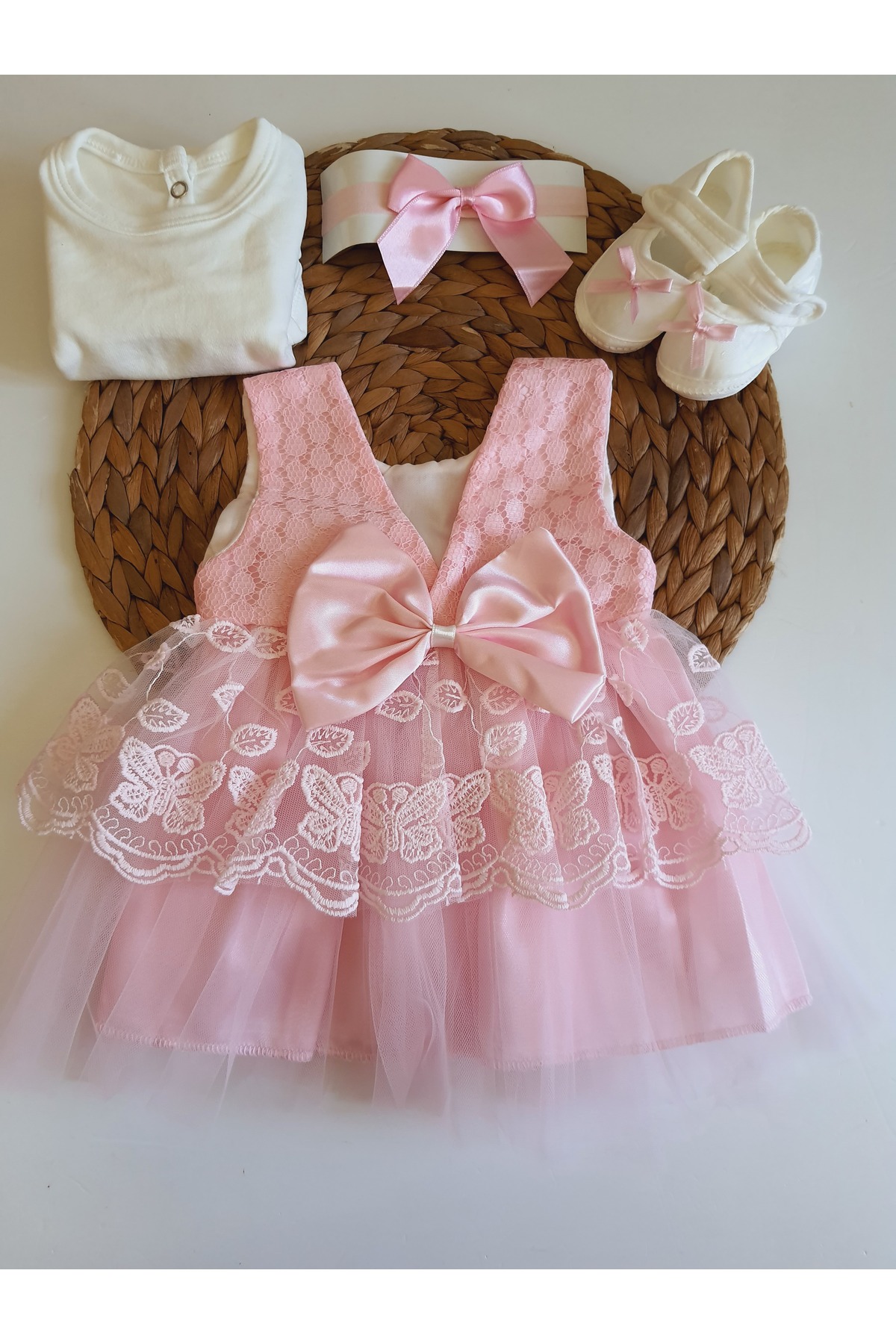 PİLEKİ BABY (5 PARÇA ) Kız Bebek Yenidoğan 0 4 Aylık Gelinlik Prenses Elbise Mevlütlük Set Mevlüt Elbisesi fotoğrafı 7 (önizleme)