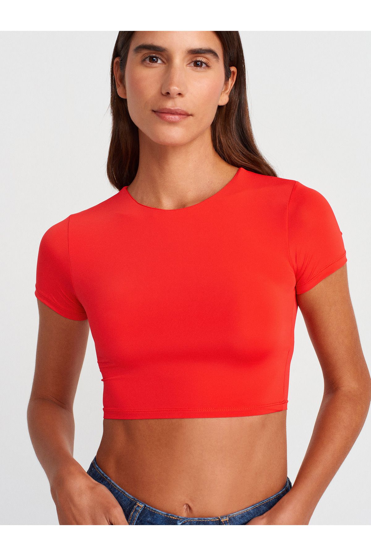 Dilvin-Crew Neck Crop Top - Red 3