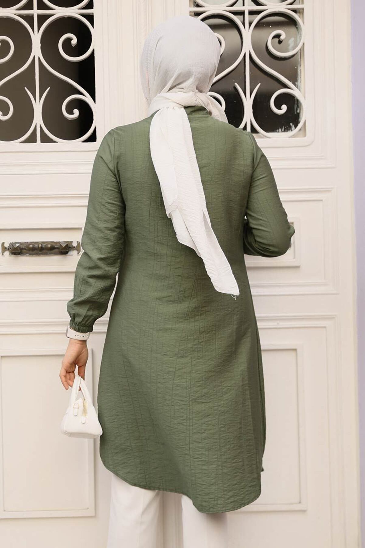 Neva Style-Zippered Khaki Hijab Tunic 1467Hk 3